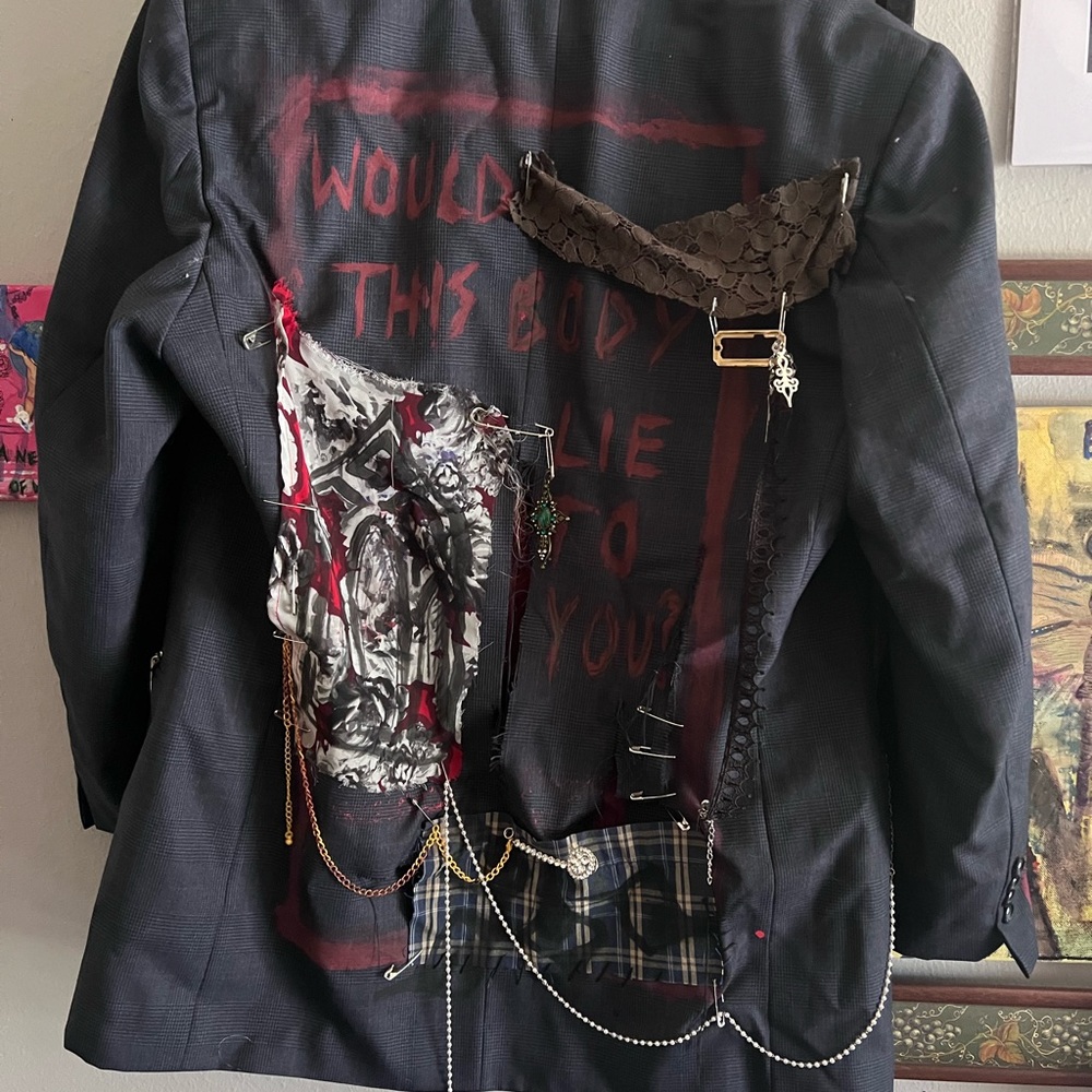 DIY grunge punk pins and patches suit jacket